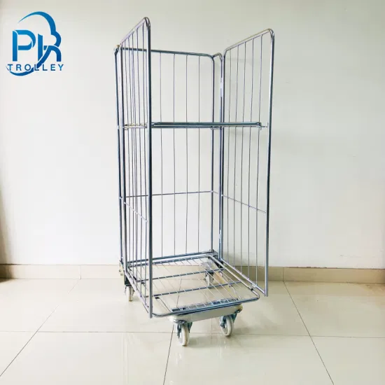 Galvanized Warehouse Light Rolling Cage Trolley with Shelf